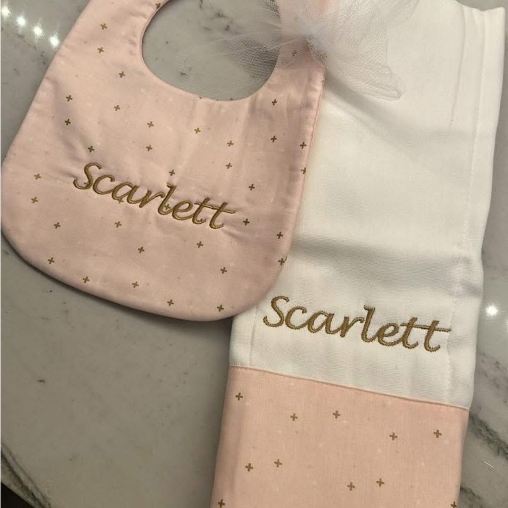 Pink and White Baby Bib and Burp Cloth Set Scarlett Monogram
